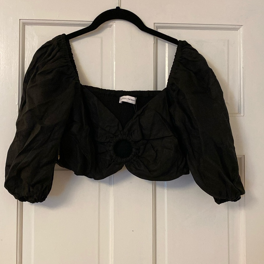 Faithfull The Brand Black Puff Sleeve Linen Crop Bra Top XL 10 NWT